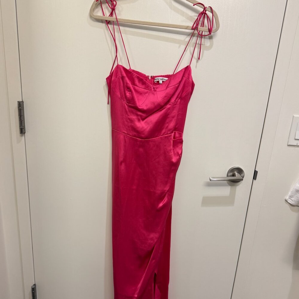 Hot Pink Reformation Marguerite silk satin midi dress